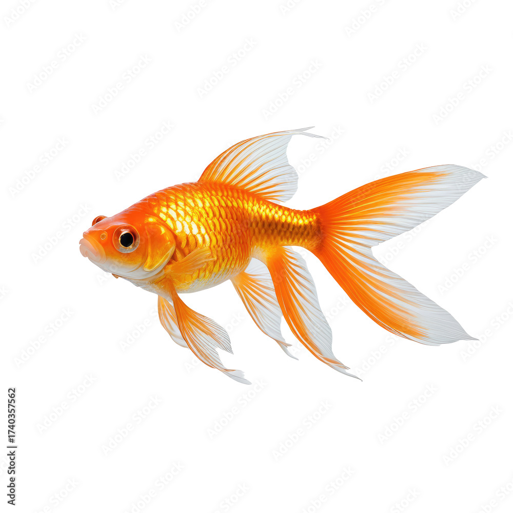 Fototapeta premium Vibrant orange goldfish swimming gracefully. Detailed fins and tail on a black background