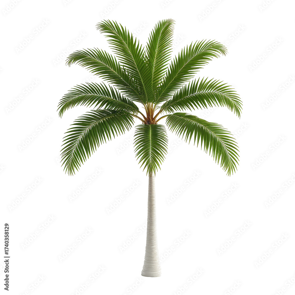 Obraz premium Isolated palm tree with lush green fronds and tall white trunk