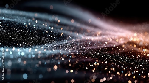 A mesmerizing wave of sparkling blue and warm gold lights creates a beautiful abstract light show against a dark backdrop