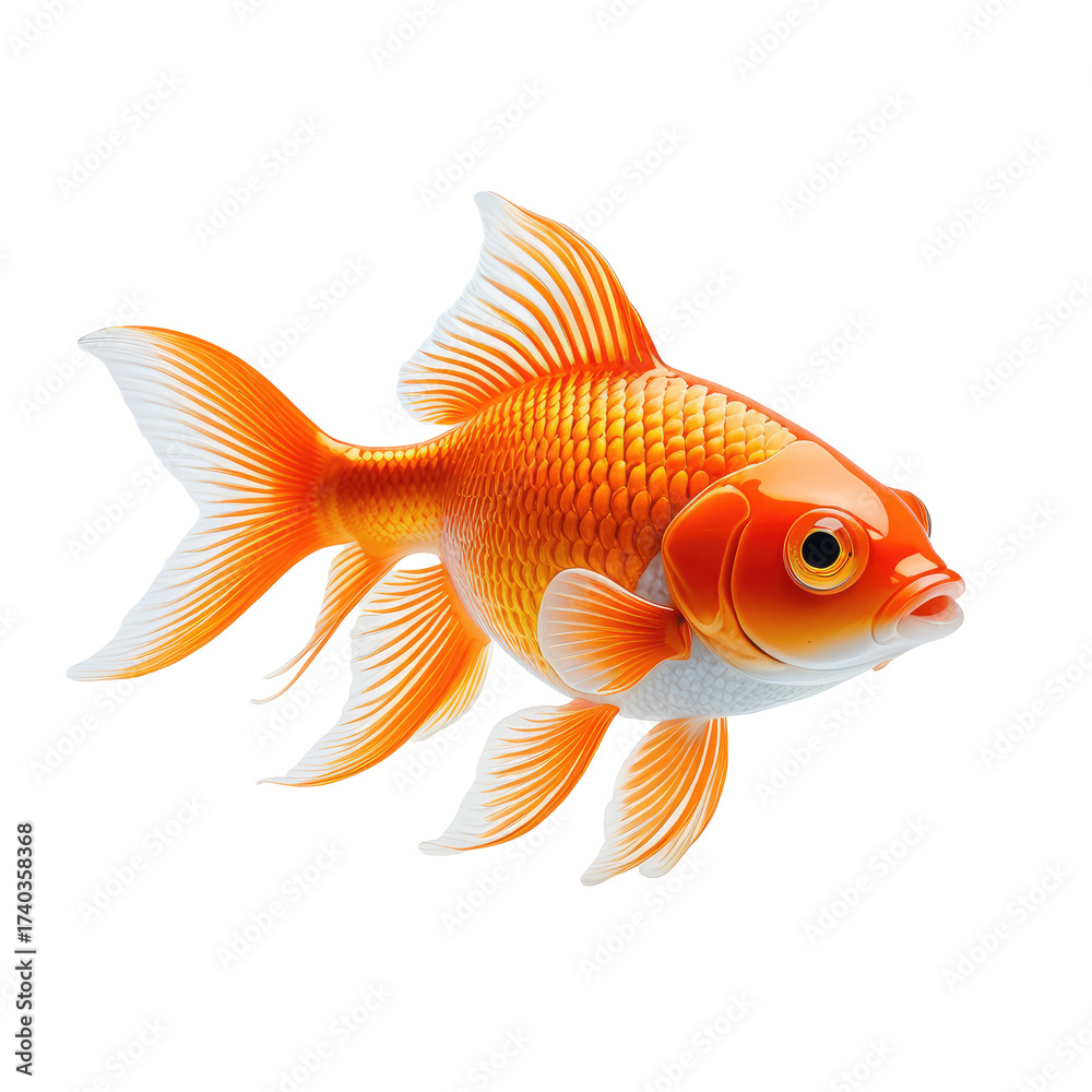 Fototapeta premium Vibrant goldfish isolated on black background, showcasing bright orange & white fins