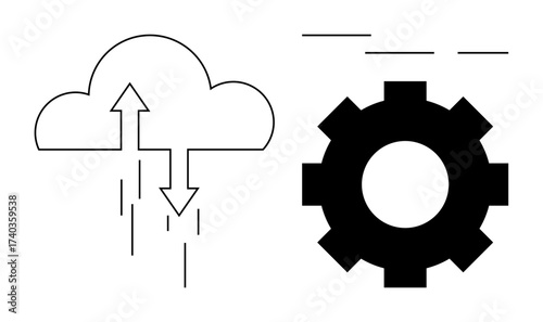 Cloud with arrows represents data transfer, next to a gear symbolizing processing. Ideal for technology, automation, data flow, system integration, cloud computing, innovation, and business