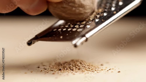 Extreme Close-Up of Fresh Nutmeg Being Grated