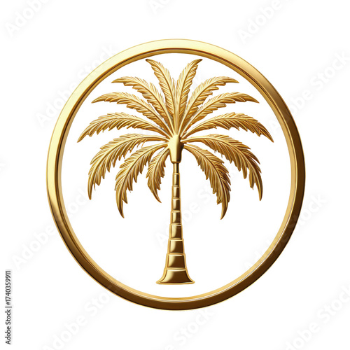 Golden palm tree emblem in a circular frame, detailed, isolated