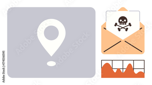 Location pin, envelope with skull crossbones implying malware, and data chart visualization. Ideal for themes thumbs up cybersecurity, phishing, malware, hacking, threat detection, data security