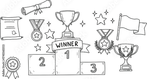 Hand-drawn award illustration, winner podium, trophy cup, medals, certificate scrolls, ribbon badge, celebration elements, achievement vector, black sketch design