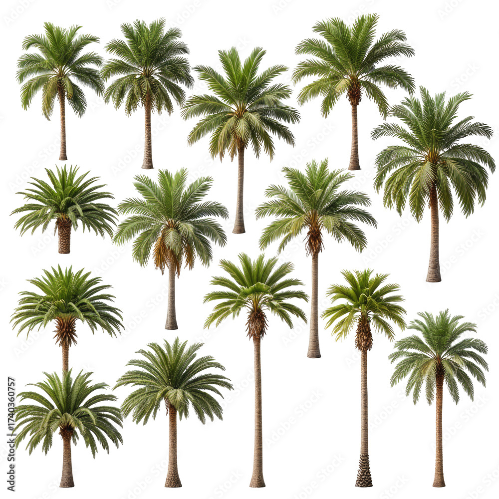 Fototapeta premium Group of green palm trees with brown trunks on a black background