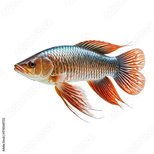 Stunning fish illustration, intricate scales, vibrant fins, isolated on black background