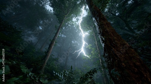 Lightning strike in forest at night