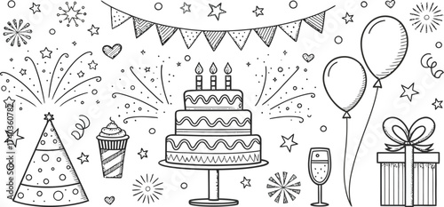 Hand drawn birthday party elements including cake balloons gifts and party hat for coloring book page