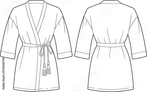 Wrap-style women’s robe, front and back view, V-neckline, tassel belt, gathered waist, fashion illustration, comfy outfit, vector clothing template