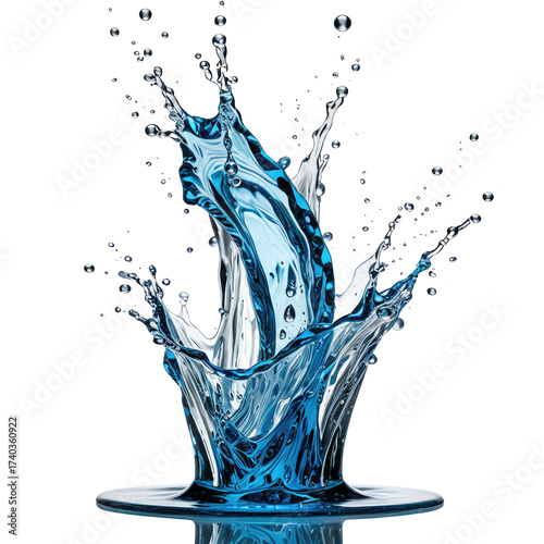 Clear water splash erupting, glistening drops forming a dramatic crown, black background