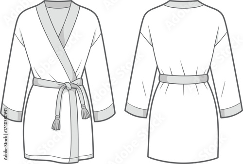Bathrobe technical sketch, front and back view, shawl collar, tassel belt, gathered cuffs, fashion illustration, vector clothing design, comfy outfit