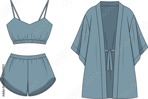 Muted blue sleepwear set, cropped camisole, high-waisted shorts, loose robe with belt, comfy fashion illustration, vector clothing design, front view