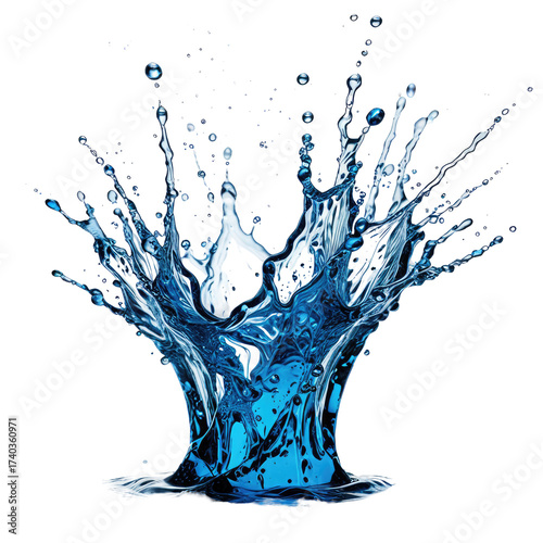 Dynamic water splash, high-speed capture, dark background. Blue liquid bursts upwards