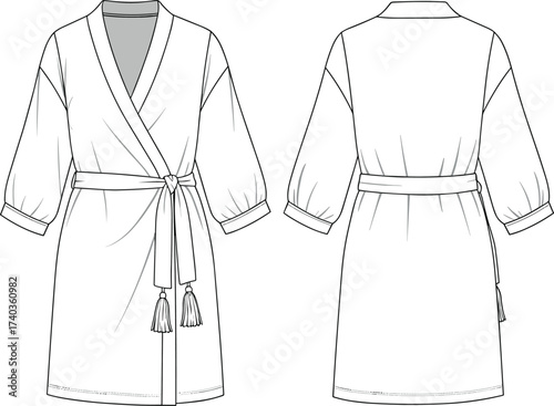 Wrap-style robe illustration, front and back view, V-neckline, tassel belt, gathered cuffs, fashion template, comfy outfit, vector clothing design
