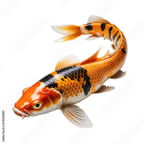 Detailed close-up of an orange, black, white koi fish, isolated on black background