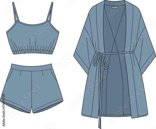 Muted blue loungewear set, cropped camisole, high-waisted shorts, kimono robe, fashion illustration, comfy sleepwear, front view, vector clothing design
