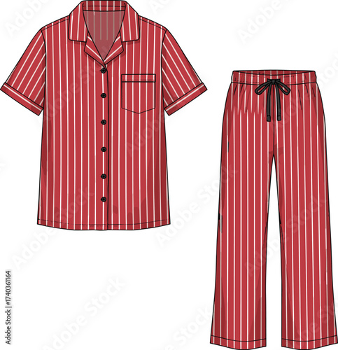Red striped pajamas set, button-up shirt, long pants with drawstring, black piping detail, comfy sleepwear, fashion illustration, vector clothing design