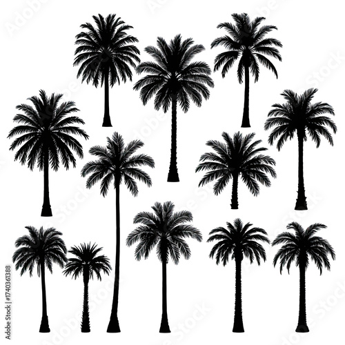 Silhouette of many palm trees in a dark, mysterious scene
