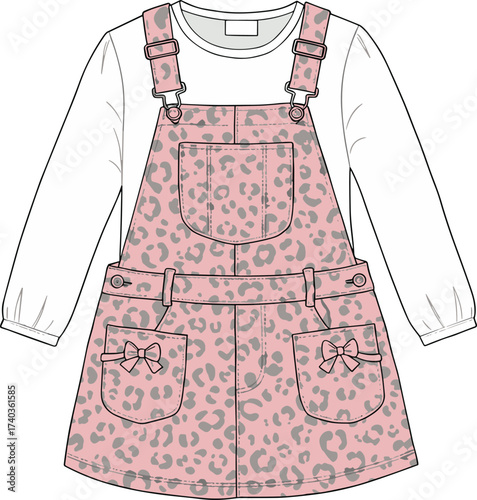 Cute children's fashion illustration featuring pink leopard-print overall dress with bows, pockets, and white shirt, perfect for kidswear design and catalogs