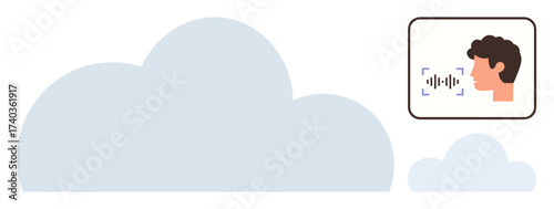 Two cloud shapes paired with a face profile showing voice waves in a frame, merging data storage and voice technology. Ideal for communication, innovation, AI, connectivity, automation, security