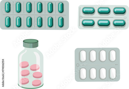 Medicine packaging cartoon, blister packs, pill bottle, capsule set, vector illustration, pharmaceutical design, healthcare supplies, medical container, tablet layout