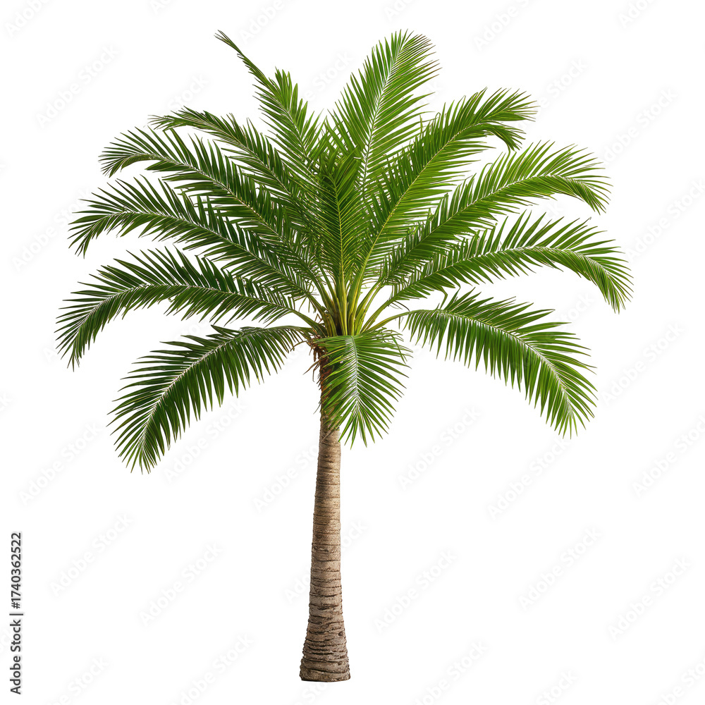 Obraz premium Lush green palm tree with a brown trunk against a black background