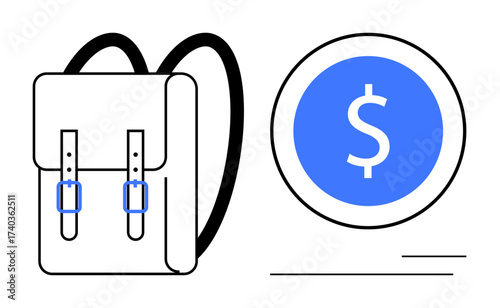 Backpack with straps and buckles beside a money coin with a dollar sign. Ideal for education, savings, financial aid, budgeting, investment, youth finance, and scholarships. Simple flat metaphor