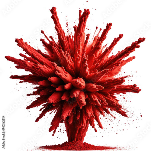 Intense red explosion cloud against black. Powder blast in a dynamic burst