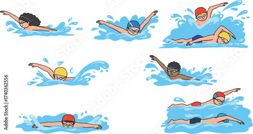 Swimmers cartoon set, freestyle, backstroke, breaststroke, butterfly strokes, water splash, vector illustration, swimming techniques, sports action, dynamic movement