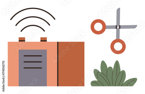 Router with wireless signals, scissors, and bush elements conveying connectivity, cutting-edge technology, nature conservation, and minimalist design. Ideal for technology, gardening, eco-life