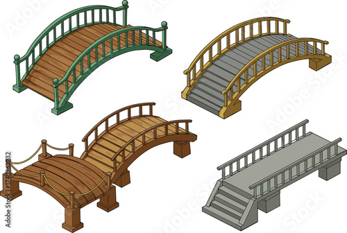 Stylized bridge set cartoon, isometric view, wooden, stone, rope, concrete structures, vector illustration, architectural design, pedestrian bridges, landscape elements