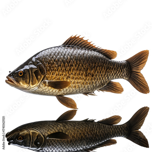 Beautiful fish image with its mirrored reflection, isolated on black