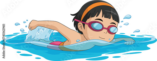 Cartoon child swimming, kid with goggles, freestyle stroke, water splash, summer fun, vector illustration, aquatic activity, joyful moment, pool scene