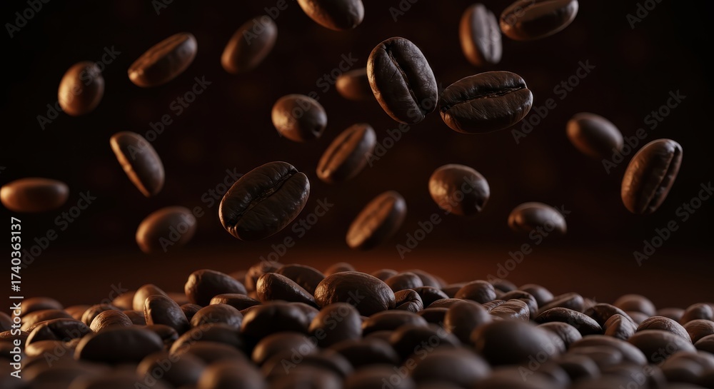 Obraz premium Roasted coffee beans fall and gather on a surface creating a dynamic composition, highlighted with selective focus.