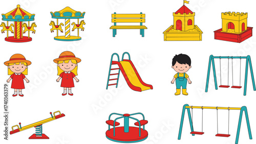 Colorful playground equipment vector illustration with children, swings, slide, seesaw, carousel, sandbox, fun park activities, amusement elements, educational design for kids