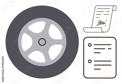 Tire, signed contract, and checklist document design illustrate automotive repair, maintenance, legal agreements, and service planning. Ideal for business, mechanics, legal compliance workflow