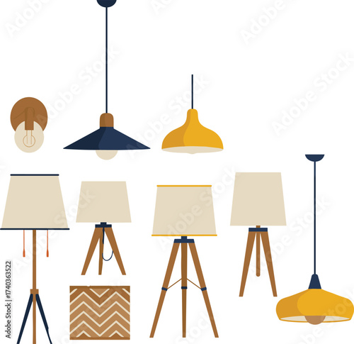 Collection of modern lamps with wooden tripod stands, pendant lights, wall lamps, decorative home lighting design, interior decor vector illustration for stock