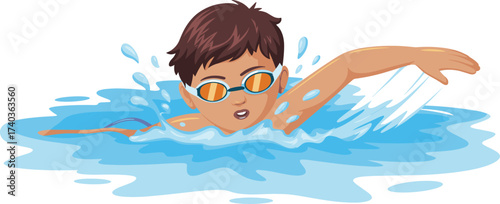 Young boy swimming in blue water with goggles, performing freestyle stroke, active lifestyle, summer sport, healthy fitness activity vector illustration