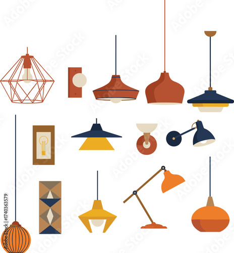 Collection of modern ceiling lamps, wall sconces, pendant lights, table lamps, and decorative lighting fixtures for interior home design vector illustration