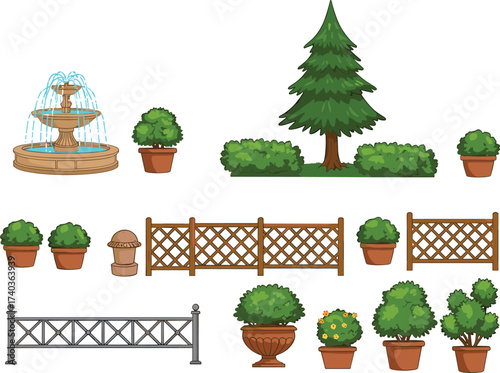 Garden elements vector illustration with fountain, trees, potted plants, decorative fence, bushes, outdoor landscaping design objects for park and backyard decoration