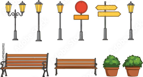 Street lamps, wooden benches, road signs, potted plants vector illustration, outdoor furniture and urban park elements collection for city landscape design