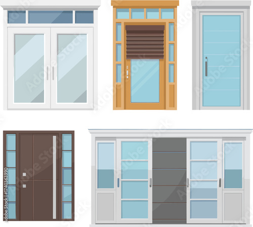 Modern house doors and windows vector illustration, sliding glass doors, wooden frame door, contemporary entrance design, home architecture elements collection
