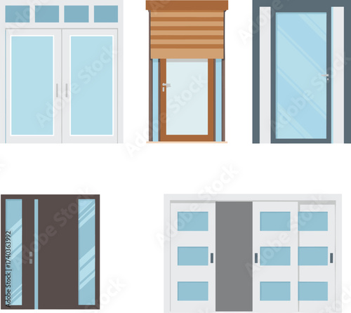 Modern vector illustration of different house doors and windows, sliding glass, wooden entry, contemporary front door, architectural design elements, home exterior