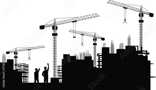 Vector illustration of construction site with cranes, workers, unfinished high rise buildings, scaffolding structures, urban development process, industrial architecture, engineering project