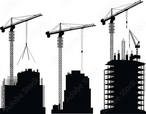 Vector illustration of high rise building construction process with cranes, scaffolding, unfinished structures, urban development, industrial framework, engineering architecture, silhouette design
