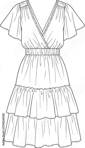 Fashionable women’s tiered dress vector illustration with flutter sleeves, deep V neckline, elastic waist, layered skirt design, stylish apparel sketch artwork