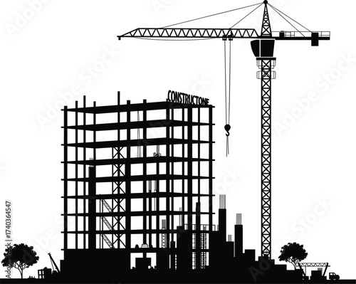 Vector silhouette of construction site with tower crane, high rise steel frame building structure, urban city development, engineering design, industrial architecture illustration