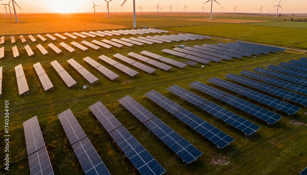 Obraz premium Wind turbines and solar panels farm in a field. Renewable green energy. Sunny landscape, electric energy generator for clean energy producing concept