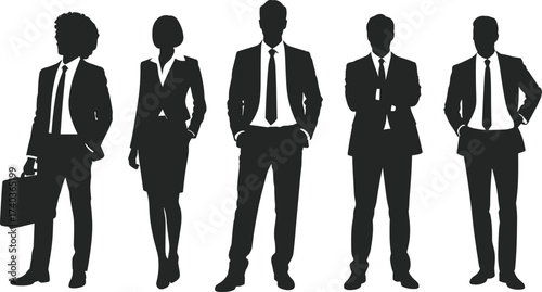 Silhouette illustration of business people group in formal suits, professional corporate team standing together, businessman and businesswoman vector design for office concept
